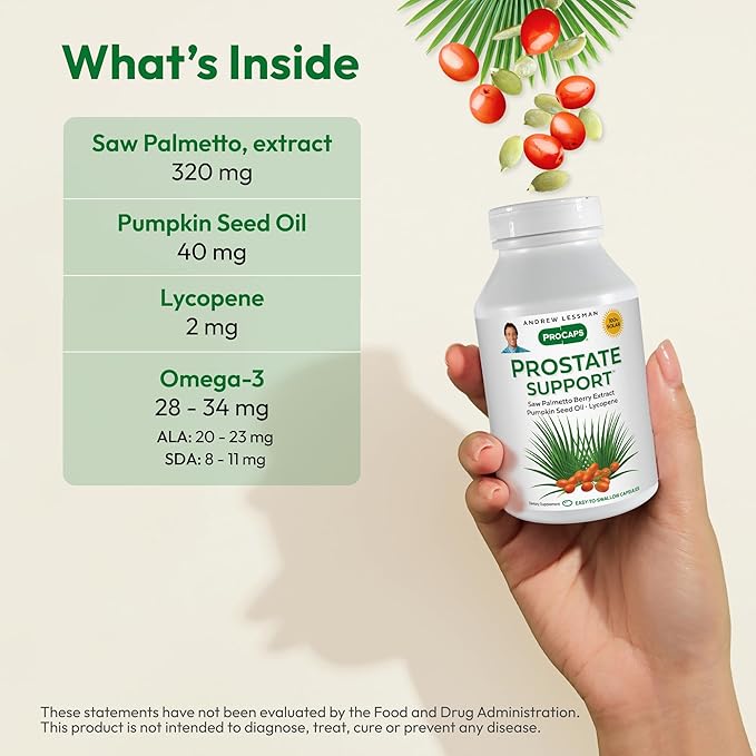 ANDREW LESSMAN Prostate Support Supplement for Men's Health, 60 Softgels, No Additives - Saw Palmetto for Men, Pumpkin Seed Oil, Lycopene & Omega-3 for Prostate Health, Urinary & Bladder Function