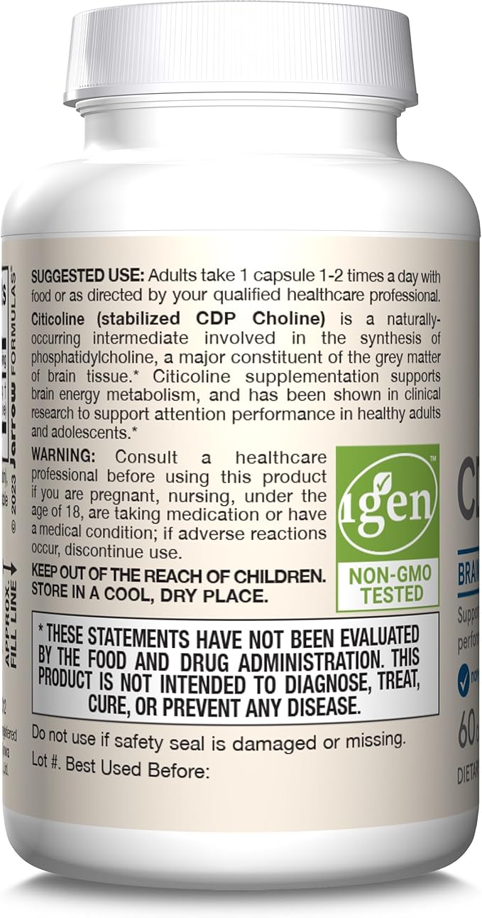Jarrow Formulas CDP Choline Capsules, 250 mg Dietary Supplement for Memory and Brain Health, 60 Veggie Capsules, 60 Day Supply(Pack of 12)
