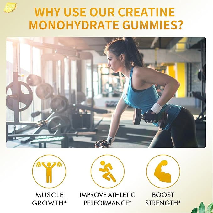 Creatine Monohydrate Gummies 5000mg for Men & Women, Chewables Creatine Monohydrate for Muscle Strength, Muscle Builder, Energy Boost, Pre-Workout Supplement(90 Count)-Pineapple