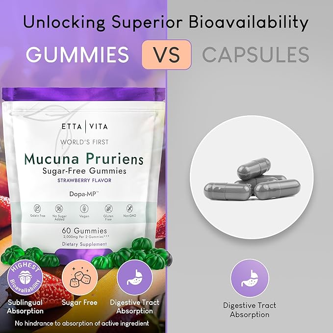 Dopamine Supplement - Sugar-Free Mucuna Pruriens Gummies (2g/serving) Energy & Focus Gummies - Potent Mucuna Pruriens Extract Supplement for Calm Mood and Motivation, Vegan, Non-GMO, Gluten-Free, 60ct