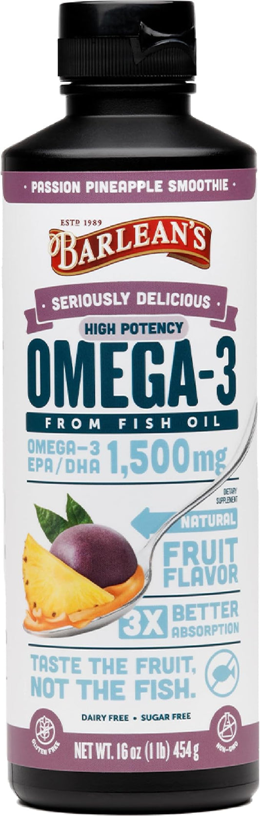 Barlean's Passion Pineapple High Potency Omega 3 Fish Oil Liquid Supplement, 1500mg EPA & DHA Fatty Acid, Smoothie Flavored & Burpless for Brain, Joint, & Heart Health, 16 oz
