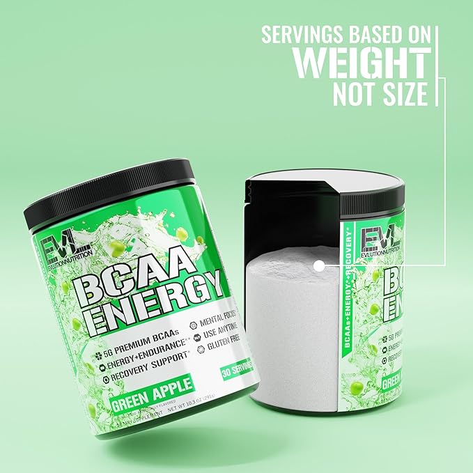 EVL BCAAs Amino Acids Powder - Rehydrating BCAA Powder Post Workout Recovery Drink with Natural Caffeine - BCAA Energy Pre Workout Powder for Muscle Recovery Lean Growth and Endurance - Green Apple
