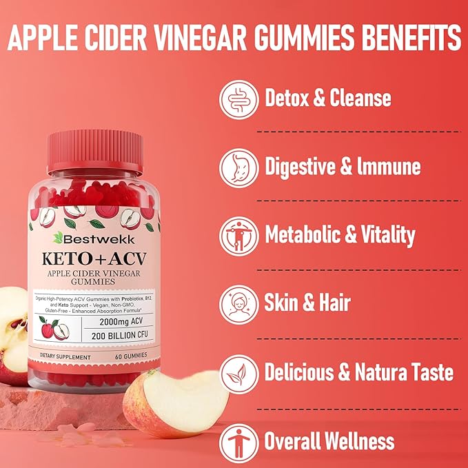 Apple Cider Vinegar Gummies, Max Strength 2000mg ACV Gummies with Probiotics, B12 and Keto, for Digestion, Metabolism, Gut & Immune Health, Gelatin-Free, Vegan & Non-GMO, 180 Gummies
