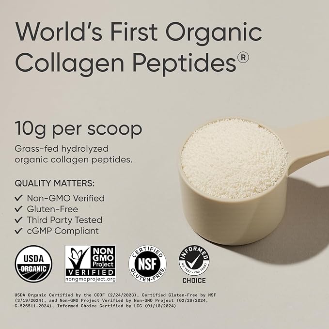 Sports Research­® Organic Collagen Peptides - Hydrolyzed Type I & III Collagen Protein Powder Made Sustainably from Grass-Fed Cows - Unflavored - 30 Servings