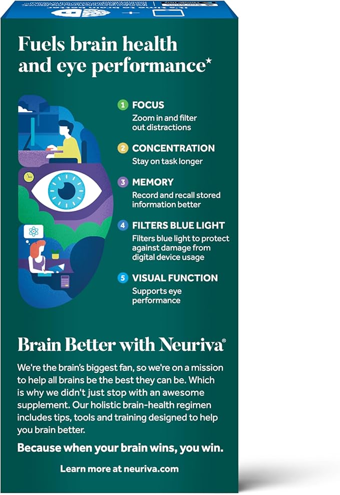 NEURIVA Brain + Eye Supplement for Memory, Focus & Concentration with Lutein & Vitamins A C E and Zinc for Eye Health & Zeaxanthin to Filter Blue Light, 30ct Capsules
