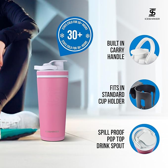 Ice Shaker Insulated Stainless Steel Shaker Bottle | 26oz, Pink | Cold for 30+ Hours | Insulated Cup with Twist-on Agitator | Odor-Free Shaker Cup for Protein Shakes, Water, Smoothies, Cocktails