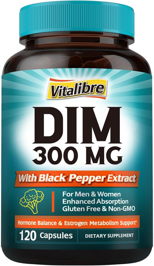 DIM Supplement for Women & Men, Estrogen Metabolism, Hormone Balance & Menopause Support, DIM 300 mg with Black Pepper Extract, High Absorption, 120 Capsules