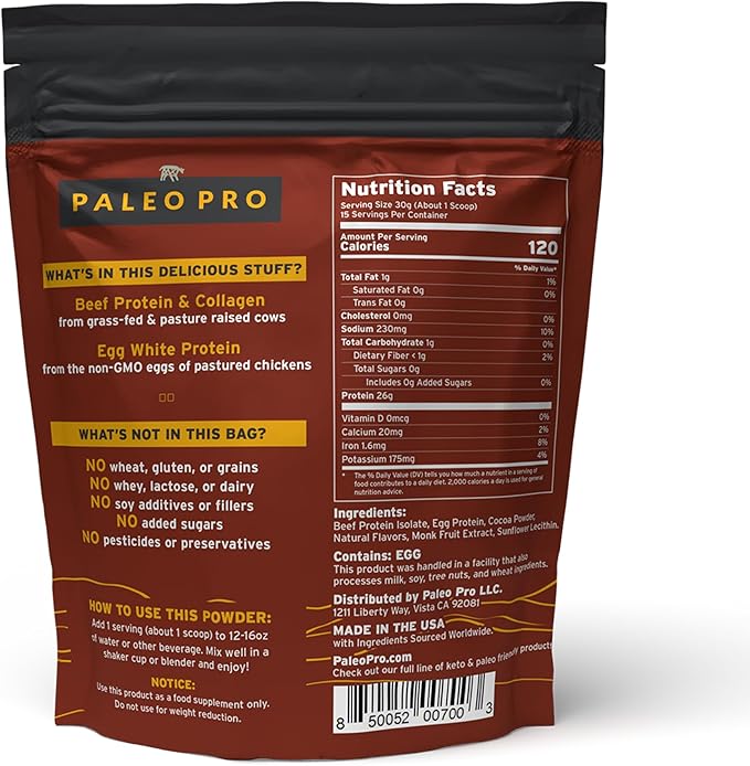 PaleoPro Protein Powder Grass-Fed, Pastured, Cage-Free Protein | Gluten Free, Dairy Free. No Sugar, Soy, Grains or Net Carbs | Paleo & Keto Friendly - 15 Servings (16 oz, Ancient Cacao)