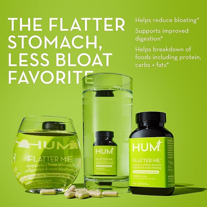 HUM Flatter Me Digestive Enzymes Bloating Supplement - Fast-Acting Bloat Relief for Digestive Health & Debloating Multi Enzyme | Bloat Pills, Anti Bloat Pills, Vegan 180 Servings