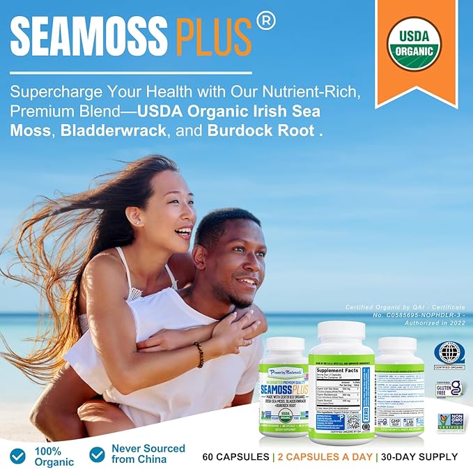Power By Naturals Sea Moss Plus - USDA Organic Irish Sea Moss Capsules w/Wild Harvested Irish Seamoss, Bladderwrack & Burdock Root Immunity Supplement Sea Moss Pills for Adult 60Ct - 1 Pack