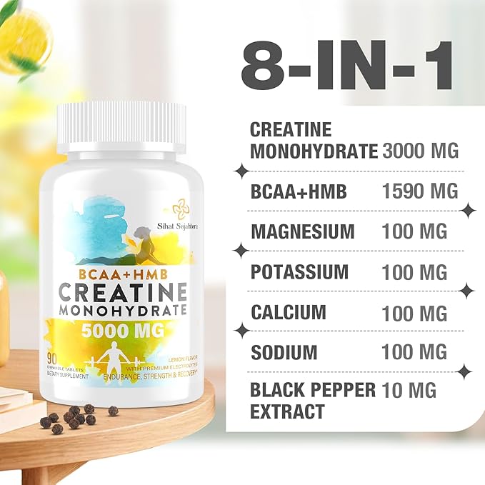 8-in-1 Creatine Monohydrate with BCAA & HMB, 5000 mg for Men & Women, Creatine Chews for Muscle, Recovery, Endurance & Strength, High Absorption, Lemon Flavor, Sugar-Free, 90 Tablets