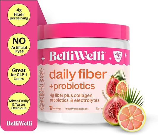 Daily Fiber Supplement Powder with Collagen, Probiotics & Electrolytes | Supports Digestive Health, Gut Balance & Debloating | Tropical Breeze | 16 Servings