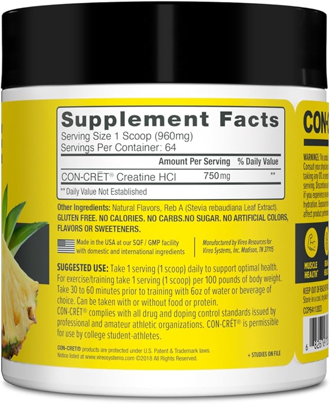 Creatine HCl Powder | Muscle, Cognitive, Cellular Energy Support | No Bloating or Cramps | USA Made & NSF Certified | Pineapple (64 Serving)