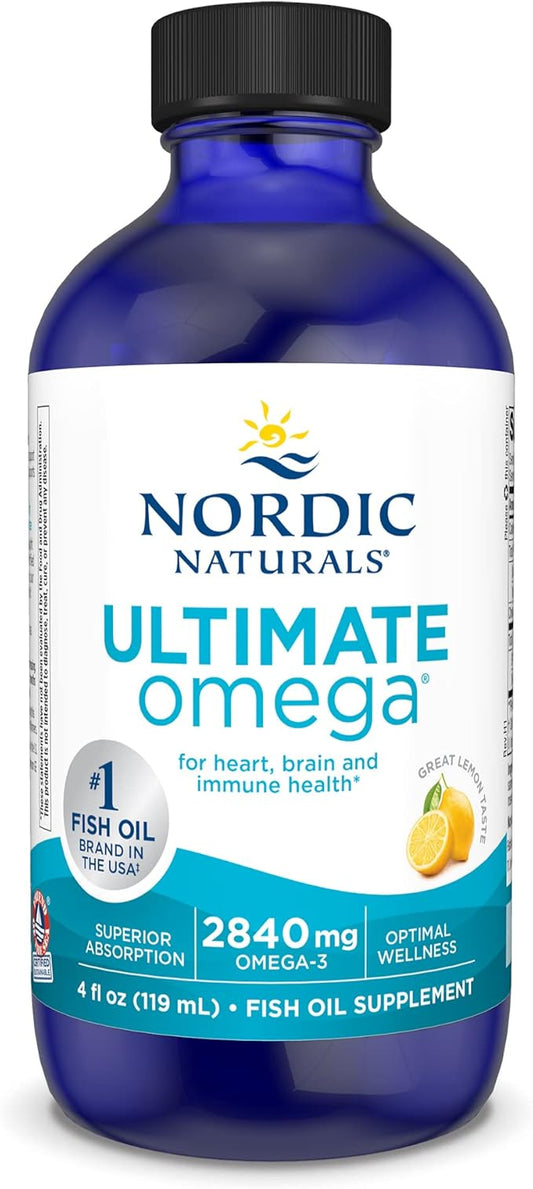 Nordic Naturals Ultimate Omega Liquid, Lemon Flavor - 4 oz - 2840 mg Omega-3 - High-Potency Omega-3 Fish Oil Supplement with EPA & DHA - Promotes Brain & Heart Health - Non-GMO - 24 Servings