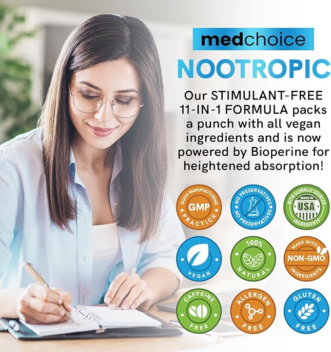 11-in-1 Nootropic Brain Supplements: Memory & Focus Supplement with Ginkgo Biloba, L Theanine, Bioperine, & Alpha GPC Choline - 1321mg, 60ct - Stimulant Free, Vegan - Focus Brain Support (3 pack)