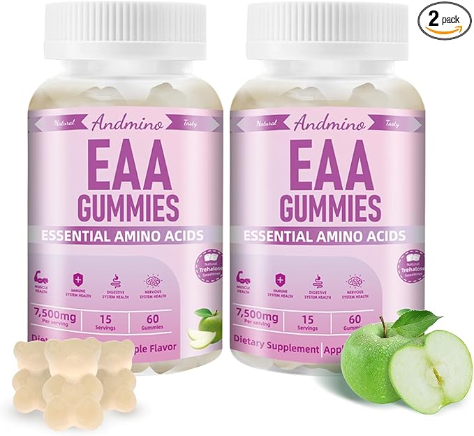 EAA Gummies 7500 mg, BCAA Gummies with Trehalose, Amino Acids Supplement for Muscle, Immune, Nervous & Digestive Health, for Adults & Kids, Non-GMO, Vegan, Gluten Free, Apple Flavor, 120