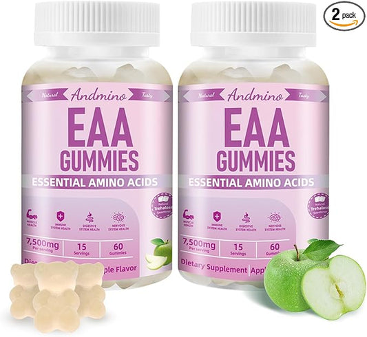 EAA Gummies 7500 mg, BCAA Gummies with Trehalose, Amino Acids Supplement for Muscle, Immune, Nervous & Digestive Health, for Adults & Kids, Non-GMO, Vegan, Gluten Free, Apple Flavor, 120
