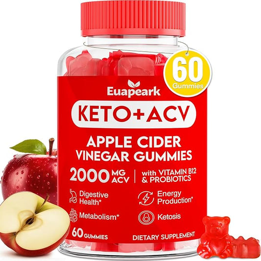 Apple Cider Vinegar Gummies, Keto ACV Gummies with Probiotics, Vitamin B12 & Keto Support, 2000 mg ACV Gummies with Mother for Digestion, Metabolism, Cleanse & Detox Diet, Vegan, Low Sugar, 60 Counts