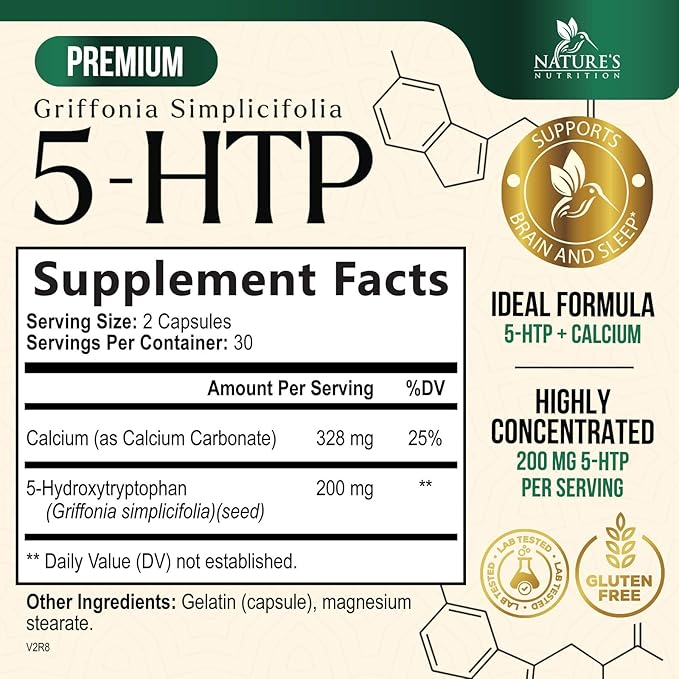 5 HTP Supplement Vegetarian Capsules 200mg 5HTP Plus Calcium for Brain Support - Extra Strength Griffonia Simplicifolia 5-HTP Formula - 5 Hydroxytryptophan - Gluten Free & Non-GMO - 60 Capsules