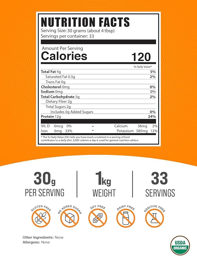 BulkSupplements.com Organic Hemp Protein Powder - Hemp Seed Protein, Superfood Protein Powder, Unflavored Protein - Vegan & Gluten Free, 30g per Serving, 1kg (2.2 lbs) (Pack of 1)