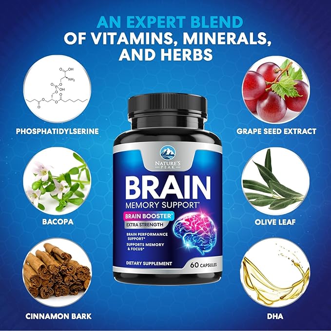 Brain Supplement Memory Pills - Nootropics Support for Concentration, Clarity, Energy & Focus - Brain Health with Bacopa, Cognitive Vitamins, Phosphatidylserine, DMAE - Brain Booster - 60 Capsules