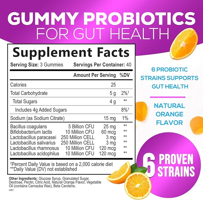 Probiotic Gummies for Women, Men & Teens - 5 Billion CFUs, 6 Probiotic Strains, Orange Flavor - Daily Probiotic Gummy Supplements for Natural Digestive Health, “Good” Gut & Immune Support - 120 Count