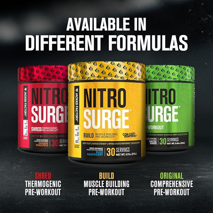 Jacked Factory Nitrosurge Build Pre Workout with Creatine for Muscle Building - Con Cret Creatine Powder & elevATP for Intense Energy, Powerful Pumps, & Endless Endurance - 30 Servings, Arctic White