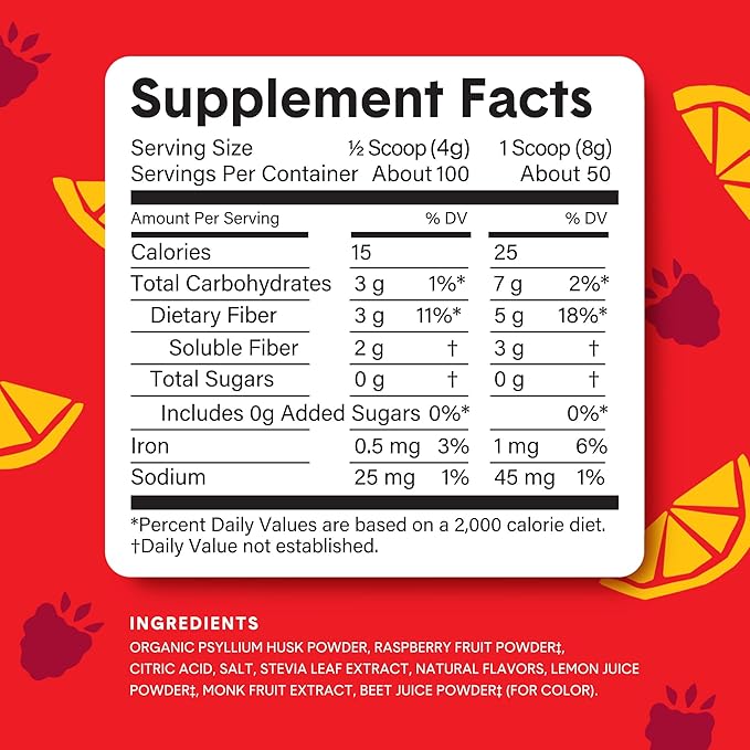 Bellway Super Fiber Powder + Fruit, Sugar Free Organic Psyllium Husk Powder Fiber Supplement for Regularity, Bloating Relief & Gut Health, Non-GMO, Plant-Based, Raspberry Lemon (50 Servings)