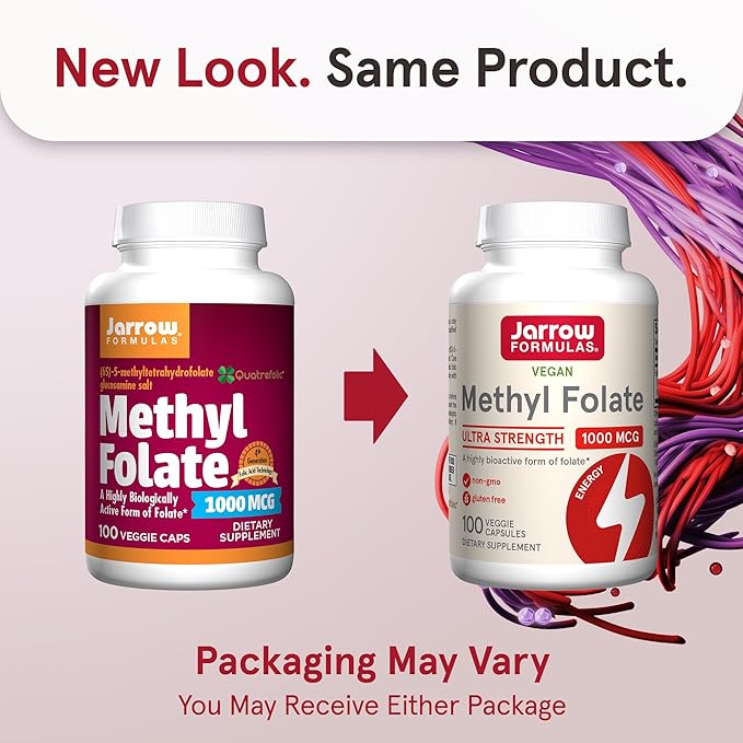 Jarrow Formulas® Methyl Folate 1000 mcg, Dietary Supplement, Methyl Folate for Cellular Energy Support, 100 Veggie Capsules, 100 Day Supply