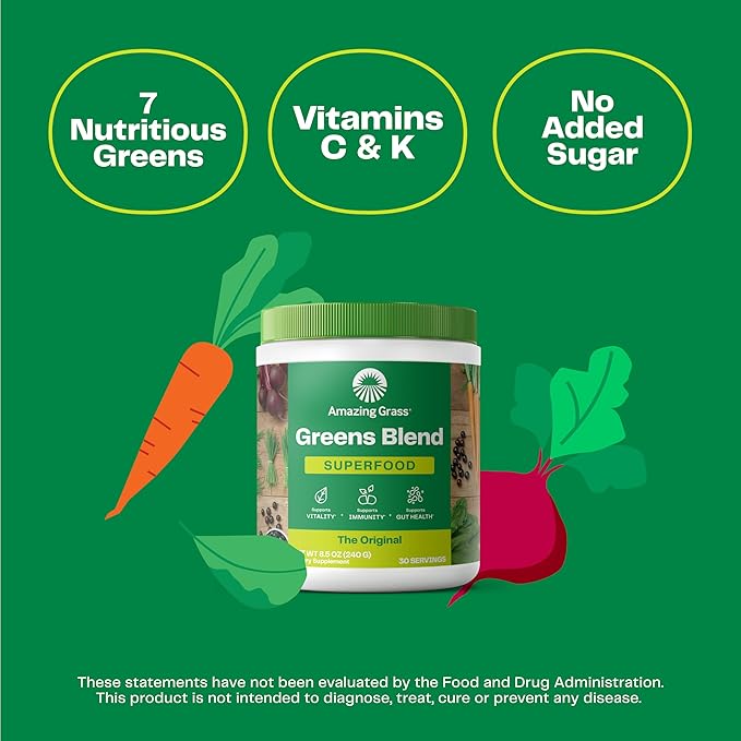Amazing Grass Greens Blend Superfood: Greens Powder Mix for Energy, with Organic Spirulina, Chlorella, Beet Root Powder, Digestive Enzymes & Probiotics, Original, 30 Servings (Packaging May Vary)