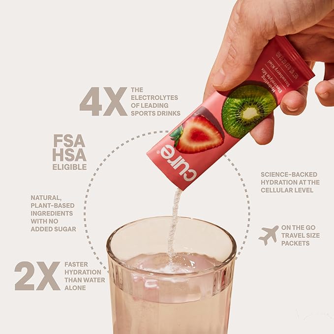 Cure Hydration | Plant-Based Electrolyte Drink Mix | No Added Sugar | FSA & HSA | Dehydration Relief Powder Made with Coconut Water | Non-GMO | Vegan | Box of 8 Packets - Strawberry Kiwi