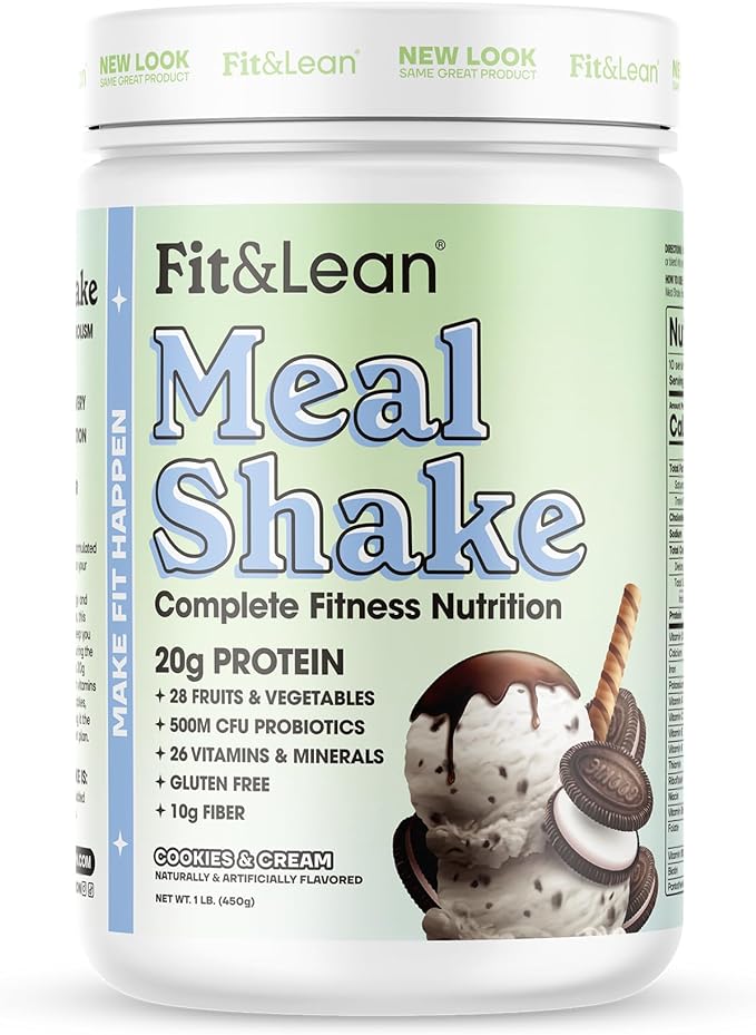 Fit & Lean Meal Shake, Fat Burning Meal Replacement, Meal Replacement with Protein, Fiber, Probiotics and Organic Fruits & Vegetables, Cookies and Cream, 1lb, 10 Servings Per Container