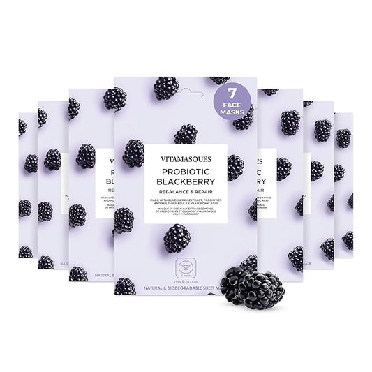 Vitamasques Probiotic Blackberry Face Sheet Mask 7 Pack - Facial Mask Rebalances & Repairs Skin with Multi Molecular Hyaluronic Acid - Natural & Biodegradable