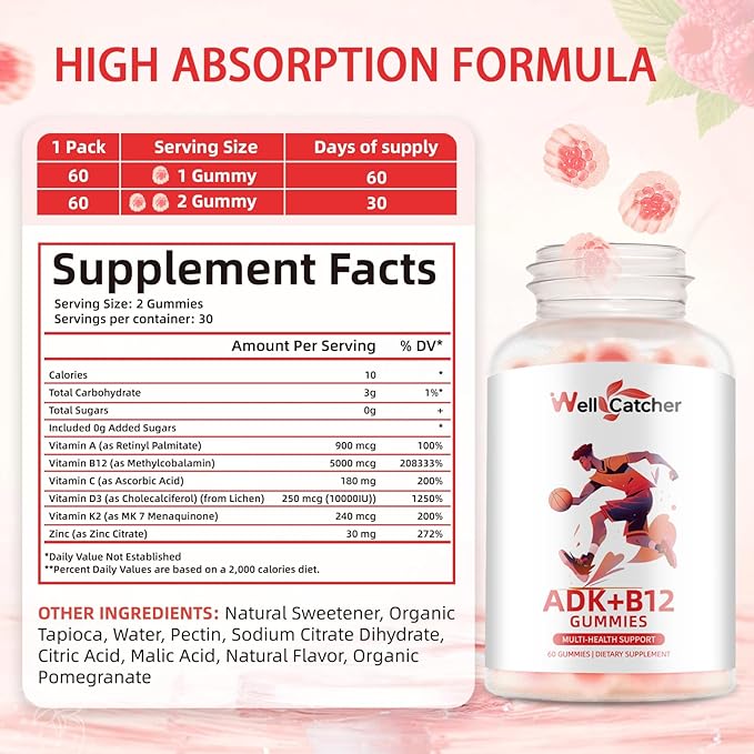 Vitamin ADK+B12 Gummies Sugar Free with Vitamin D3 K2 B12 K2 (MK-7) Chewable Vegan Multivitamin Supplement for Men Women Bone Brain Immune Skin Eye Heart 60 Counts Raspberry Flavored 2 Packs