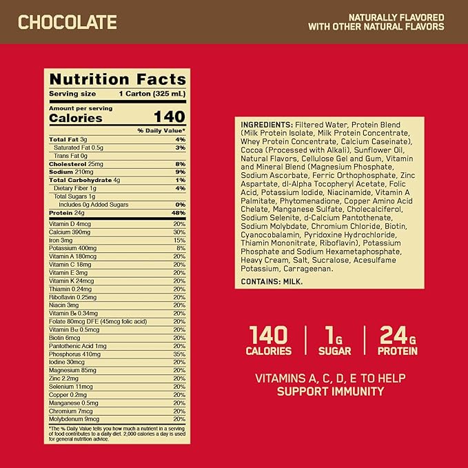 Optimum Nutrition Gold Standard Protein Shake, 24g Protein, Ready to Drink Protein Shake, Gluten Free, Vitamin C for Immune Support, Chocolate, 11 Fl Oz, 12 Count (Pack of 1) (Packaging May Vary)