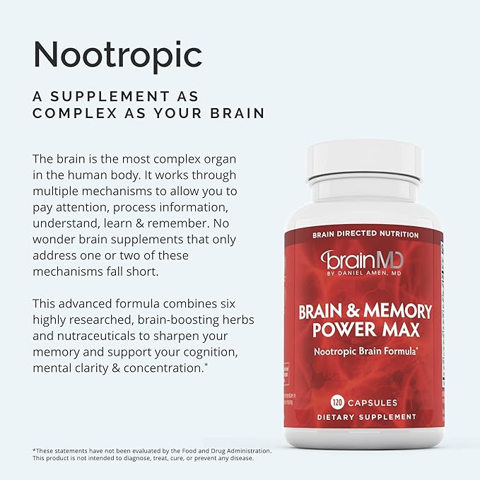 BRAINMD Dr Amen Brain & Memory Power MAX - 120 Capsules - Nootropic Supplement with Ginkgo Biloba Extract & Huperzine A - 30 Servings