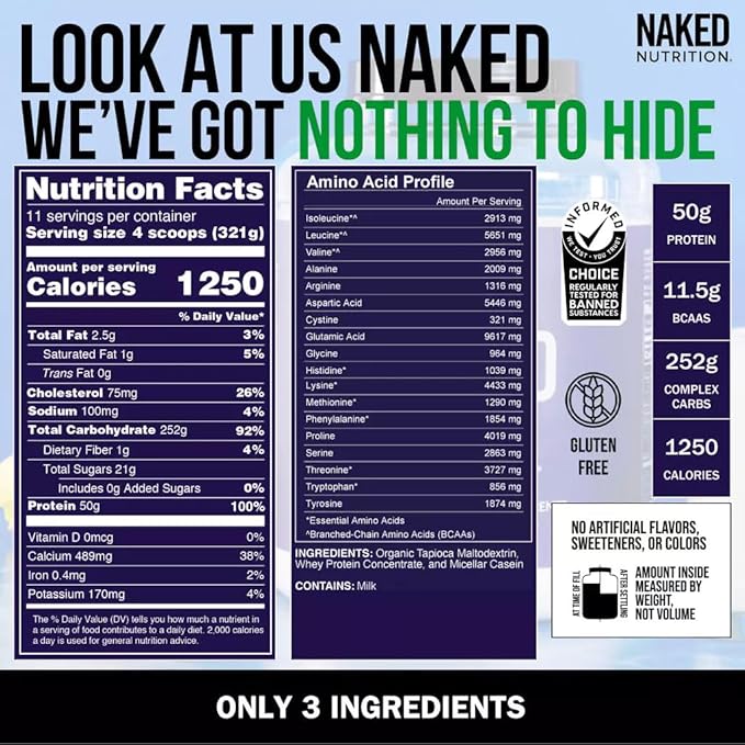 Naked Mass - Natural Weight Gainer Protein Powder - 8 LB Bulk, GMO Free, Gluten Free & Soy Free. No Artificial Ingredients - 1,250 Calories per Serving