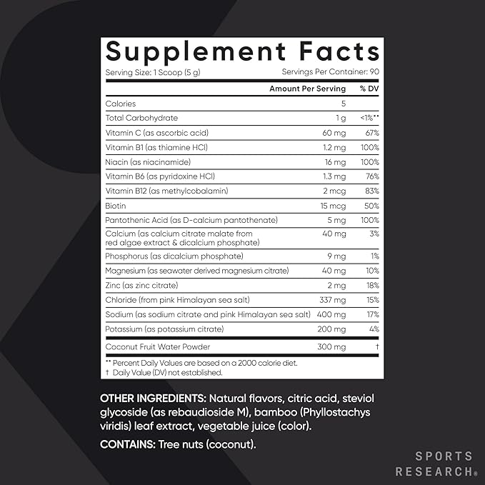 Sports Research Hydrate Electrolytes Powder - Sugar-Free & Naturally Flavored with Vitamins, Minerals, and Coconut Water - Supports Hydration - Passion Fruit