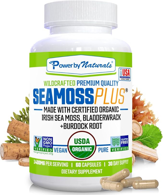 Power By Naturals Sea Moss Plus - USDA Organic Irish Sea Moss Capsules w/Wild Harvested Irish Seamoss, Bladderwrack & Burdock Root Immunity Supplement Sea Moss Pills for Adult 60Ct - 1 Pack