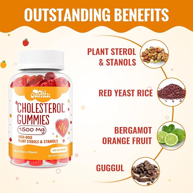 Cholesterol Supplements with 1500 Mg Plant Sterols & Stanols, Cholesterol Support Gummies, Cholesterol Complex Gummies, Maintains Normal Levels, Mixed Berry Flavor, 60 Count
