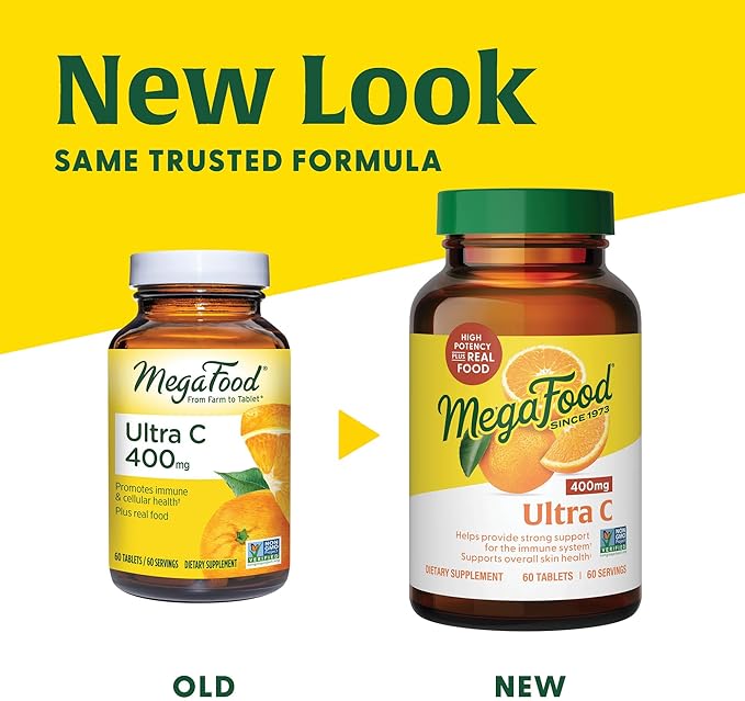 MegaFood Ultra C 400 mg - Vegan Immune Support Supplement with Vitamin C, Made with Real Food Including Broccoli, Carrot, Cranberry & Brown Rice, Gluten-Free, Kosher - 60 Tablets, 60 Servings