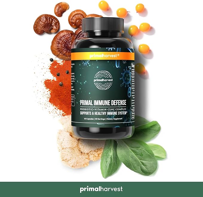 Primal Harvest Primal Immune Defense 10-in-1 Immune Defense Supplement: with 7 Billion CFU Probiotics, Zinc, Vitamins C, B6, D3, K2 - Immune Boosters for Adults 60 Capsules (1 Pack)