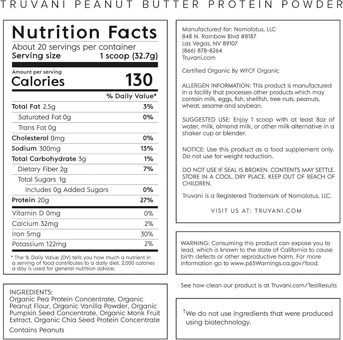 Truvani Vegan Pea Protein Powder | Peanut Butter | 20g Organic Plant Based Protein | 20 Servings | Keto | Gluten & Dairy Free | Low Carb | No Added Sugar