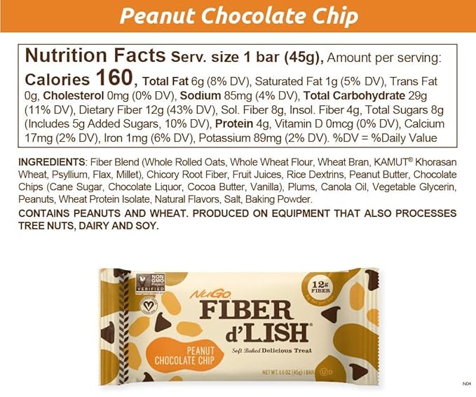 NuGo Fiber D'lish Variety Chocolate Brownie & Peanut Chocolate Chip, 12g High Fiber, Vegan, 5 Bars Each, 10 Count