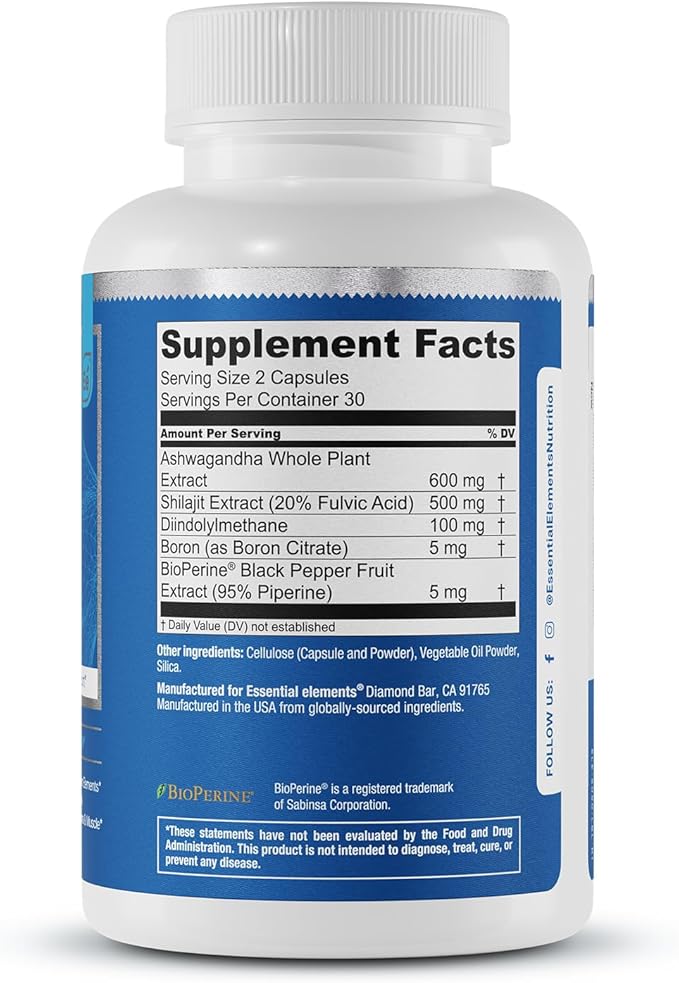Essential Elements Male Health Supplement - Muscle Support & T-Health with DIM, Ashwagandha, Shilajit, More | T-Hero 60 Vegan Capsules (3-Pack)