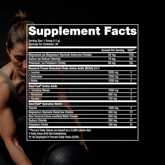 SteelFit Steel Fuel BCAA + Electrolyte Powder | Sugar-Free 2:1:1 Amino Acids Formula | Blue Raspberry, 30 Servings | No Crash Workout Hydration, Muscle Growth & Recovery