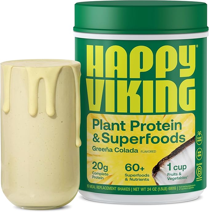 Happy Viking Greeña Colada Plant Protein Powder, Created by Venus Williams, 20G Protein, Low Carb, Keto, Vegan, Gluten-Free, Non-GMO, Superfoods, Complete Meal Replacement, 1 Canister (24 oz.)