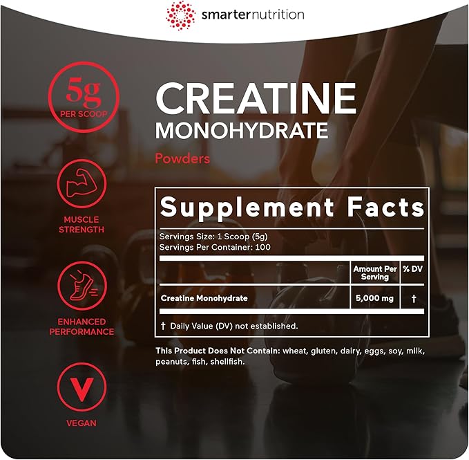 Smarter Nutrition Creatine Monohydrate Powder 500g, 5000mg Per Serving (5g) - Keto Friendly, Unflavored, Gluten-Free Pre-Workout & Post Workout Support for Muscle Mass & Hydration [100 Servings]