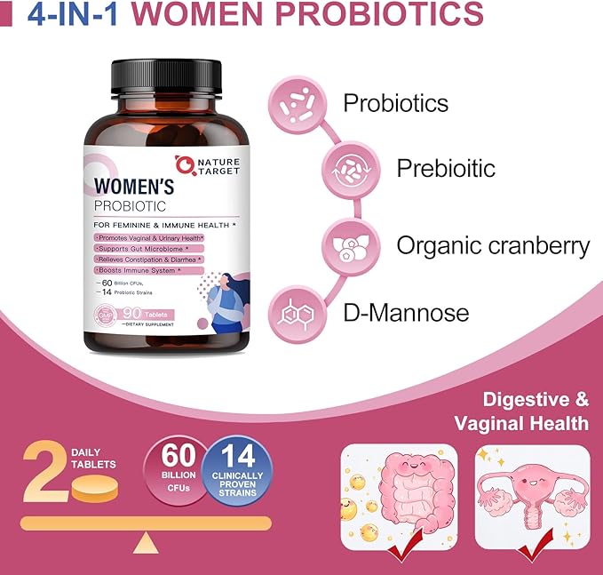 NATURE TARGET Probiotics-for-Women, Probiotics and Prebiotics, Cranberry and D-Mannose, 60-Billion-CFUs, Organic Probiotics for Digestive Health/Gut Health/Immune Booster, Women's Probiotics