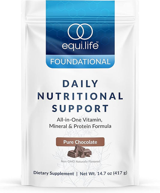 Equilife - Daily Nutritional Support, Organic and Plant Based Protein Powder, All-in-one Multivitamin, Boost Energy and Mood, Gut-Cleansing Aid and Skin Health (Pure Chocolate,14 Servings Bag)